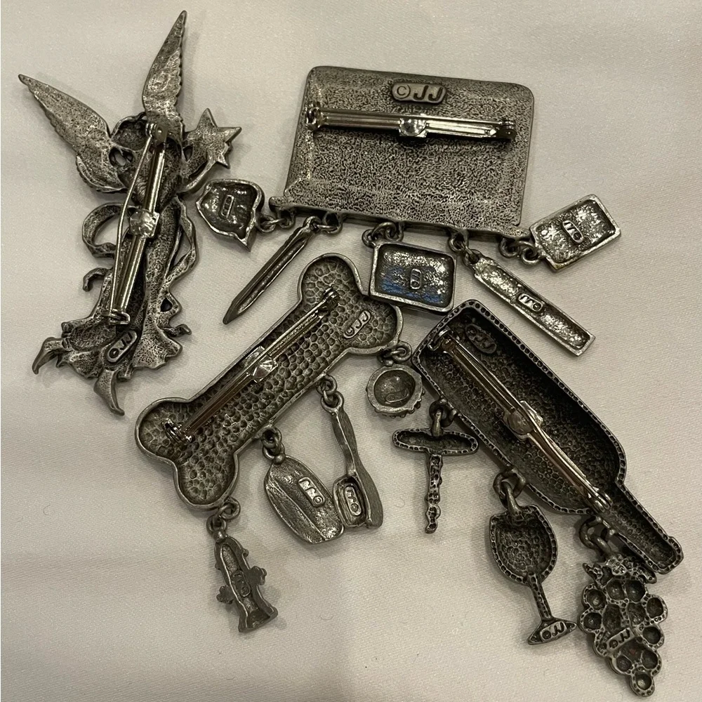 Lot of 4 Vintage JJ Jonette Pewter Pins Angel, Wine Bottle, Dog Bone, Math Board